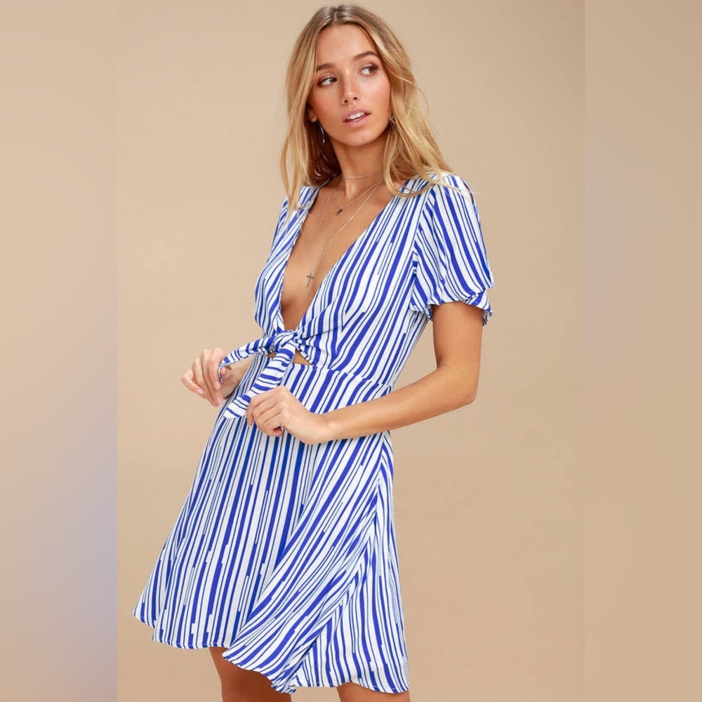 Lulus Blue and White Striped Tie-Front Skater Dress
